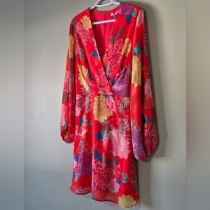 NWT Guess Red Floral Sheer Long Sleeve Tie Back Shimmery Dress Size 8 *flaw*